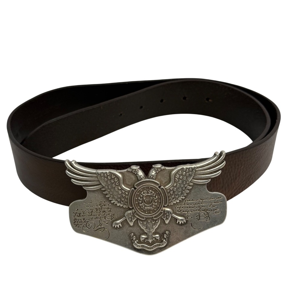 GUESS Dark Brown Genuine Leather Belt Silver Double Eagle Crest Buckle 40" Rodeo